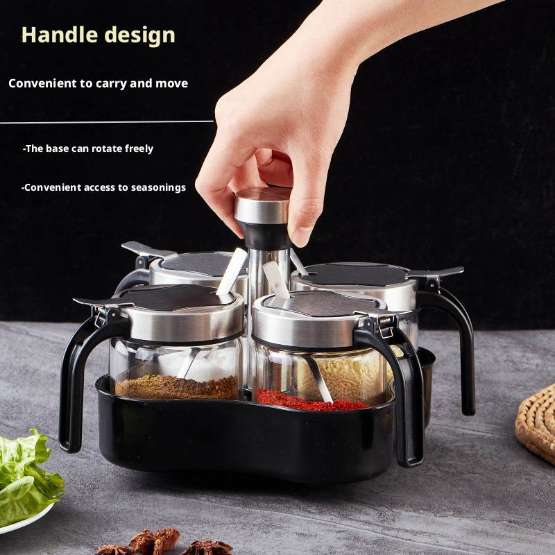 One-piece rotating glass spice jar set